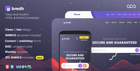 Bredh - Multipurpose Web Hosting with WHMCS Template دانلود قالب Bredh - قالب هاستینگ چند منظوره HTML و WHMCS حرفه ای