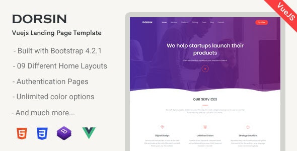 دانلود قالب سایت Dorsin - قالب VueJs صفحه فرود حرفه ای و جذاب