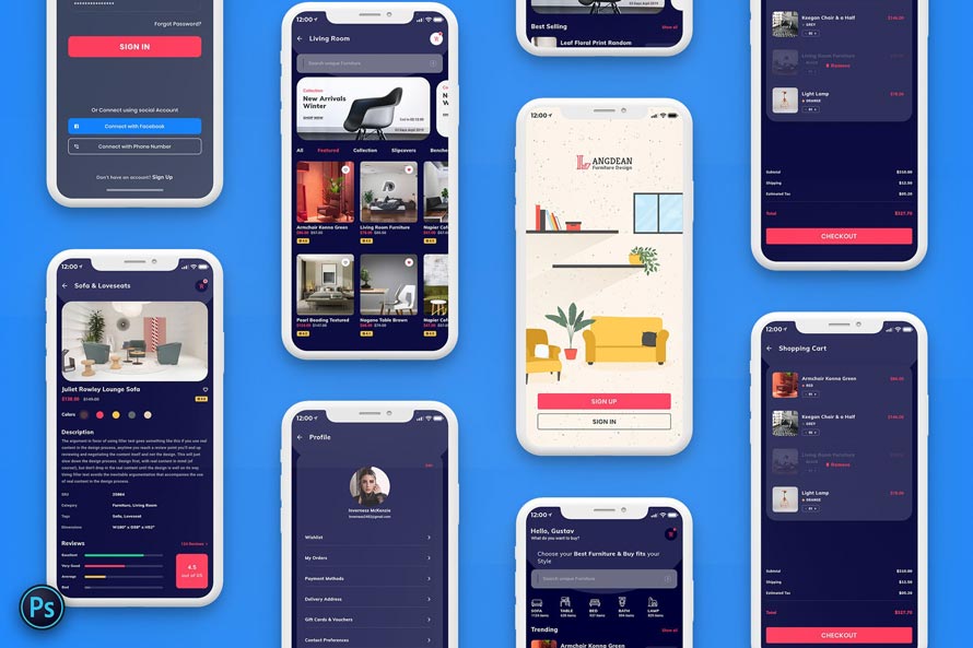 دانلود UI Kit اپلیکیشن موبایل Furniture - رابط کاربری فروشگاهی آماده