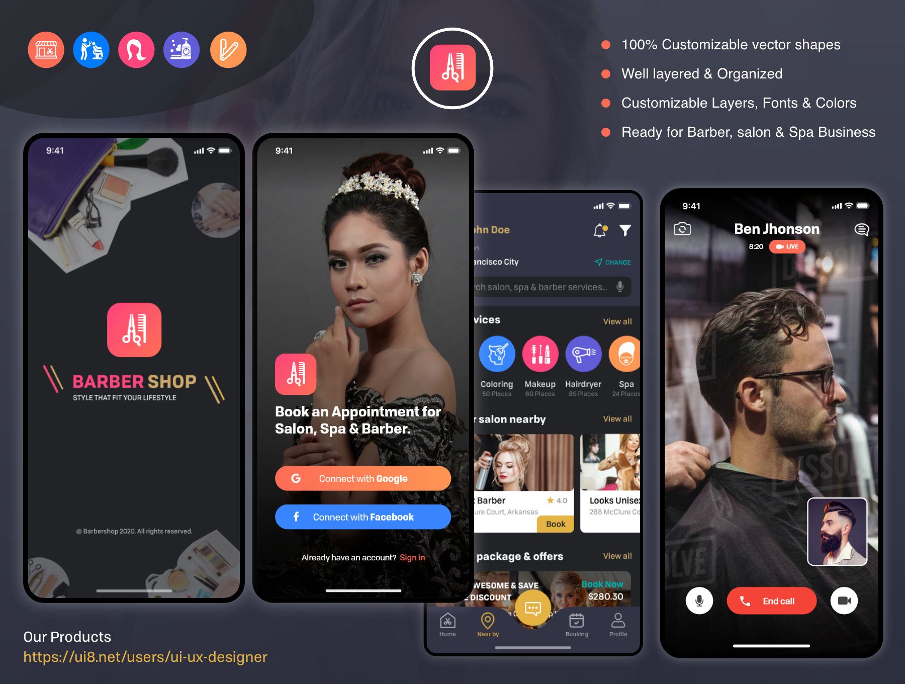 دانلود رابط کاربری Barber Haircut, Salon & Beauty UI KIT