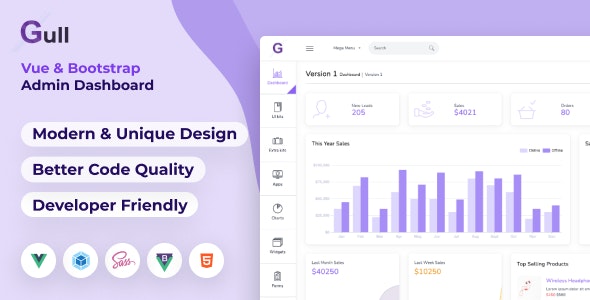 دانلود قالب مدیریتی Gull - قالب داشبورد HTML و Vuejs