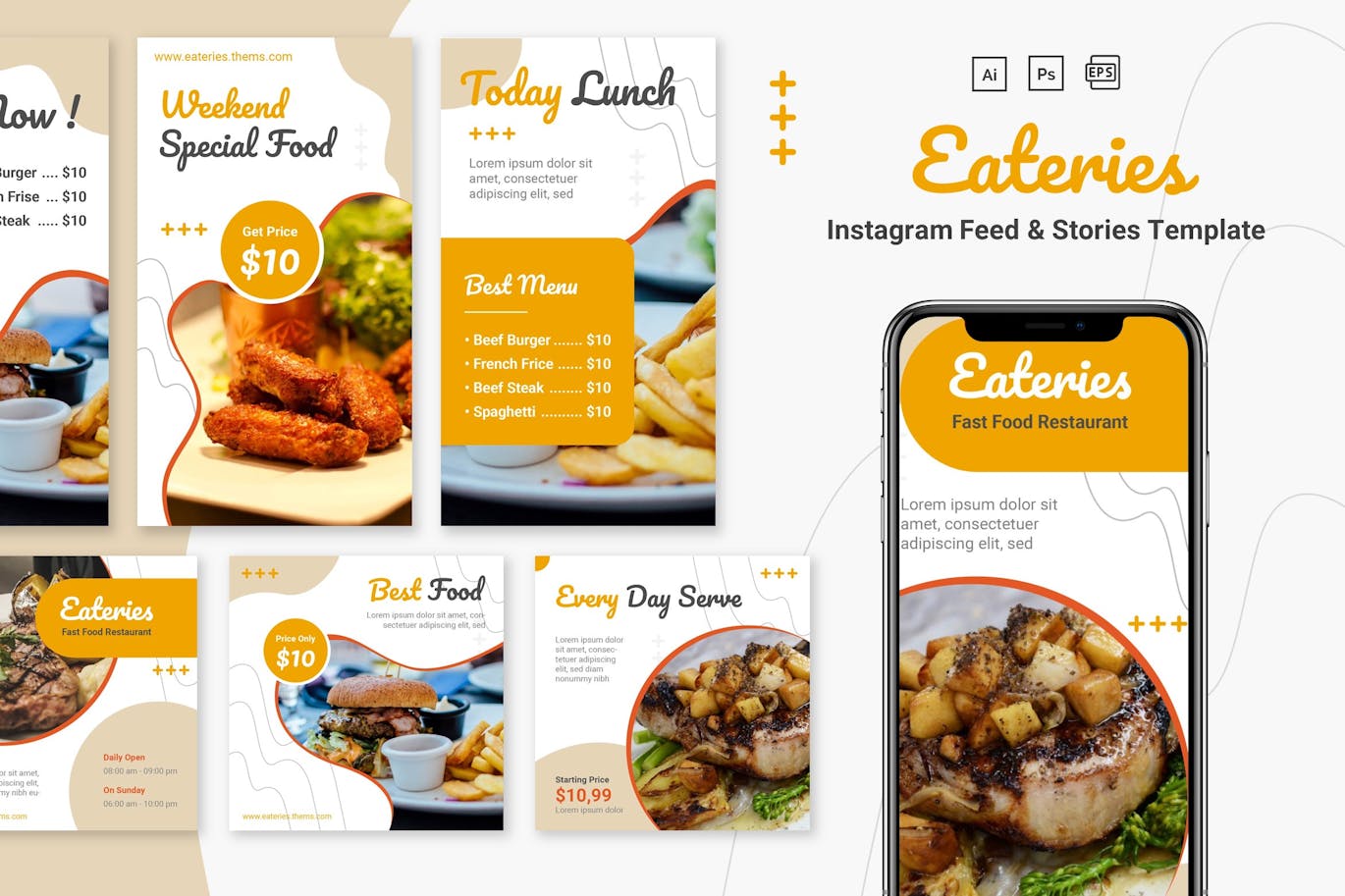 Eateries - Instagram Feeds & Stories Pack دانلود قالب های آماده پست و استوری اینستاگرام Eateries