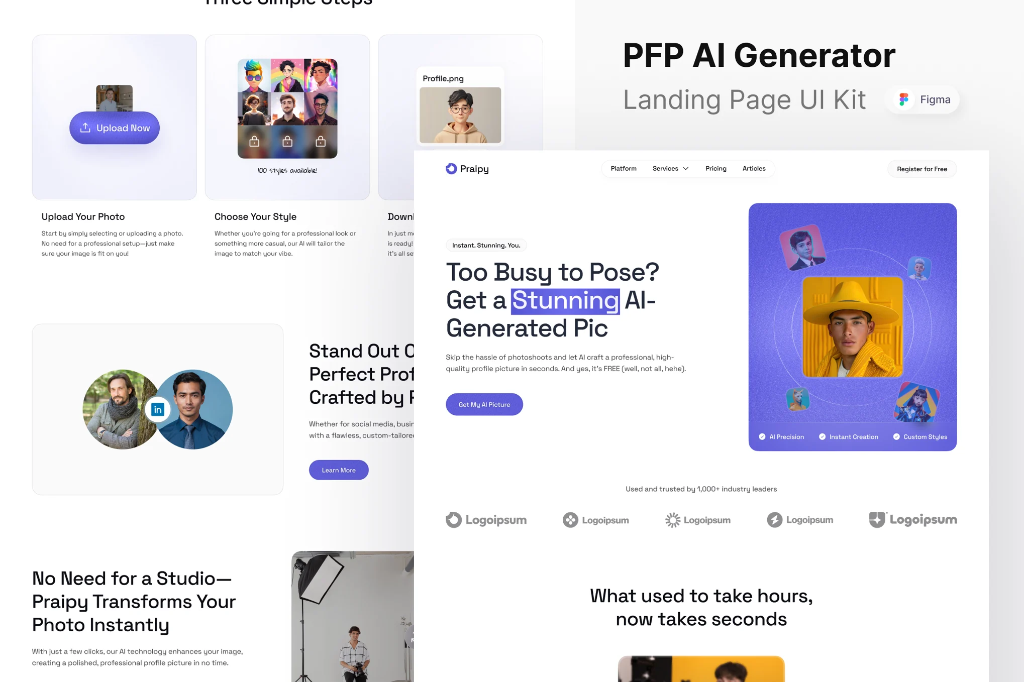 قالب فیگما Praipy - Profile Picture AI Generate Landing Page