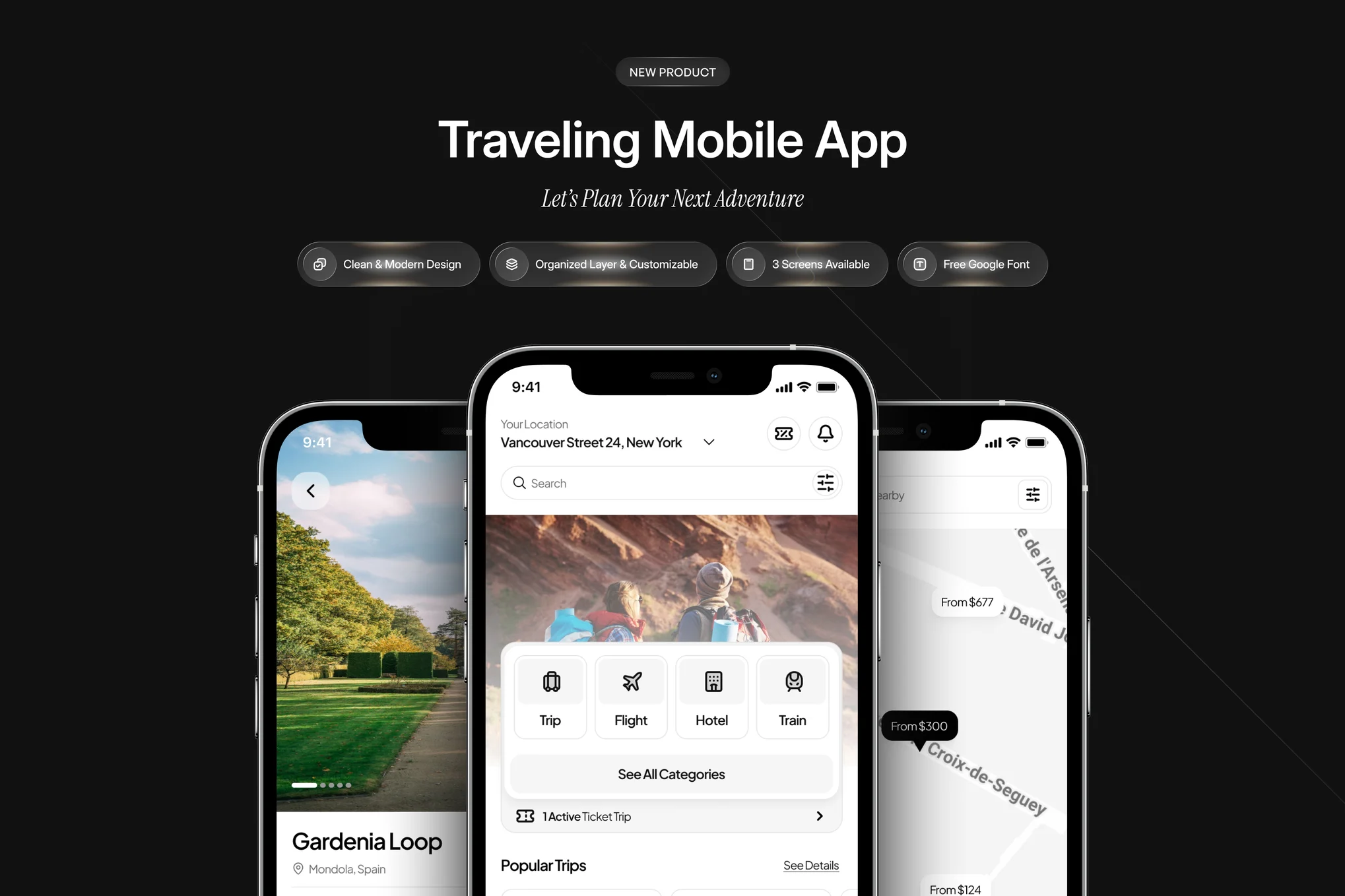 کیت UI اپلیکیشن موبایل Traveling - طراحی مدرن برای سفر و گردشگری