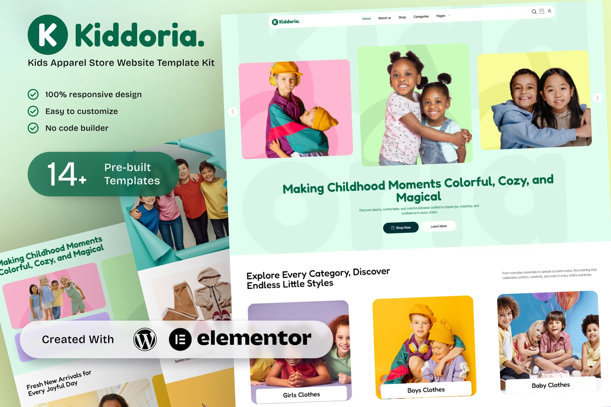 دانلود قالب کیت المنتور Kiddoria - فروشگاه لباس کودک و پوشاک بچگانه