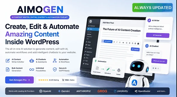 افزونه تولید محتوا و چت‌بات هوش مصنوعی وردپرس Aimogen Pro | پلاگین جامع اتوبلاگینگ، بازنویسی مقاله و دستیار هوشمند همه‌کاره Aiomatic